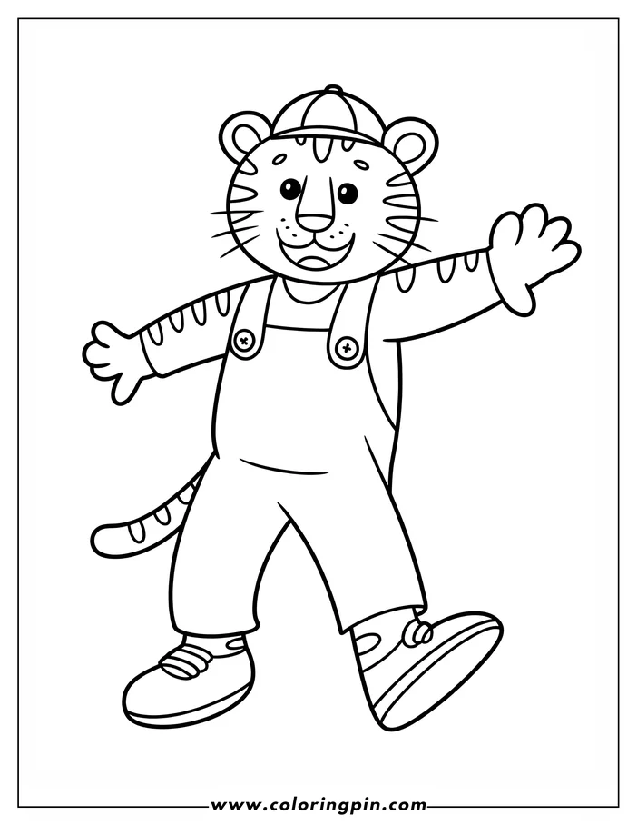 Outline of a cartoon tiger walking. The tiger wears a baseball cap, overalls, and sneakers.