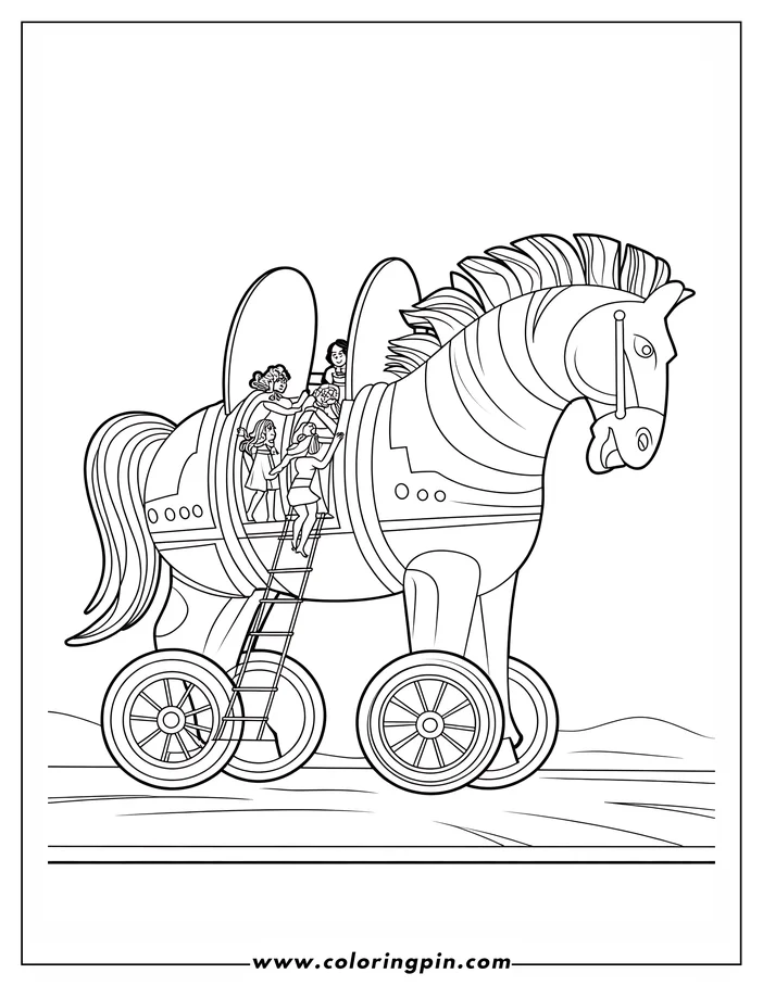 Outline of the Trojan Horse with people inside and climbing out.