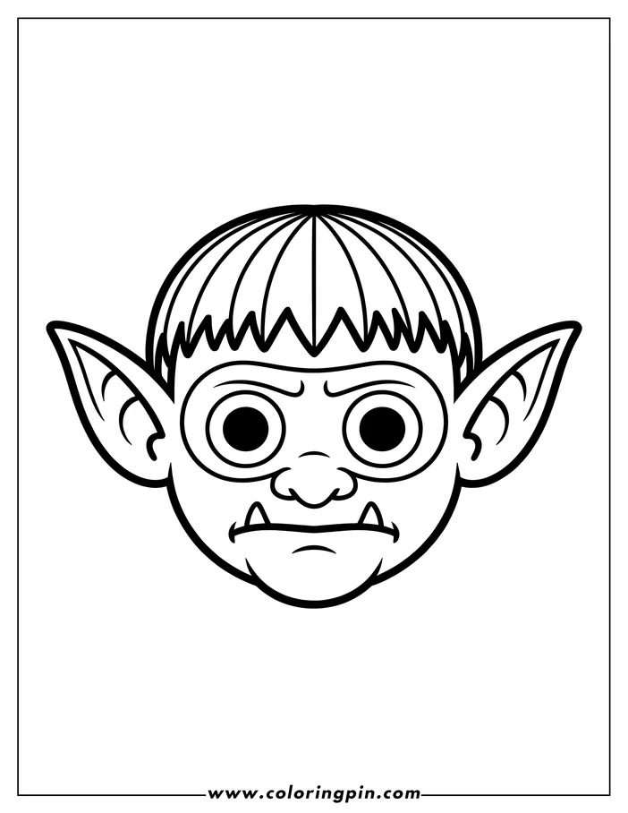 Line art of a troll's face with large eyes, pointed ears, and two sharp teeth.