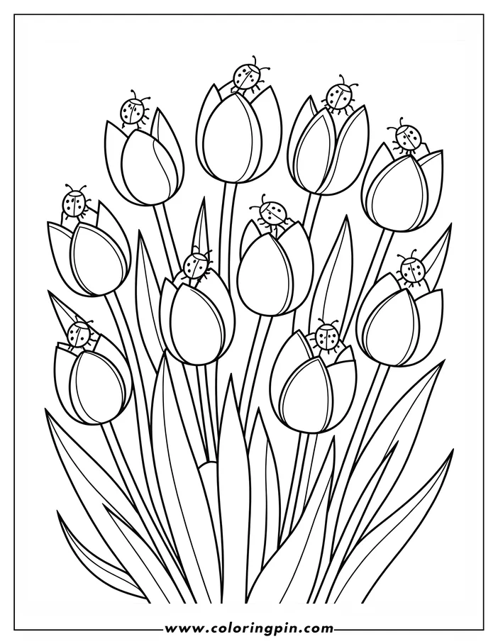 Tulip and ladybug coloring page: a cute, simple flower outline drawing for kids, free and printable.