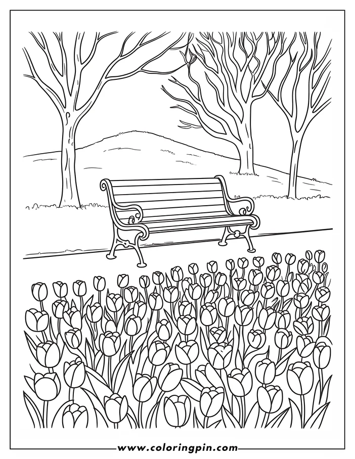Tulip garden coloring page, a printable spring flower coloring sheet for kids and adults, free to download.
