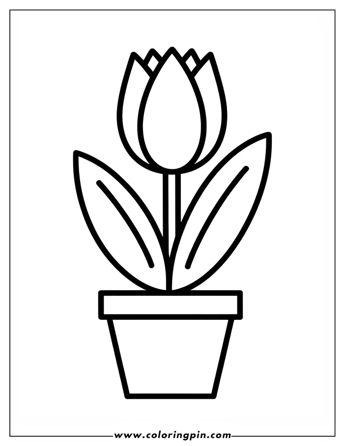 Simple tulip in a pot coloring page, a free printable flower coloring sheet for kids and adults.