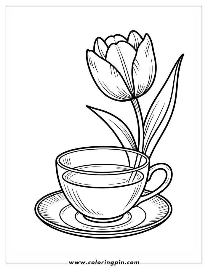 Tulip in teacup coloring page, a simple and elegant floral printable outline drawing for all ages.