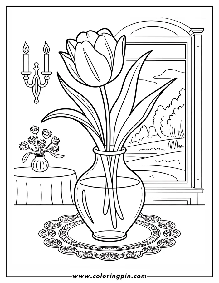Tulip in a vase coloring page, a simple and elegant flower outline drawing for kids and adults. Free printable floral coloring sheet.