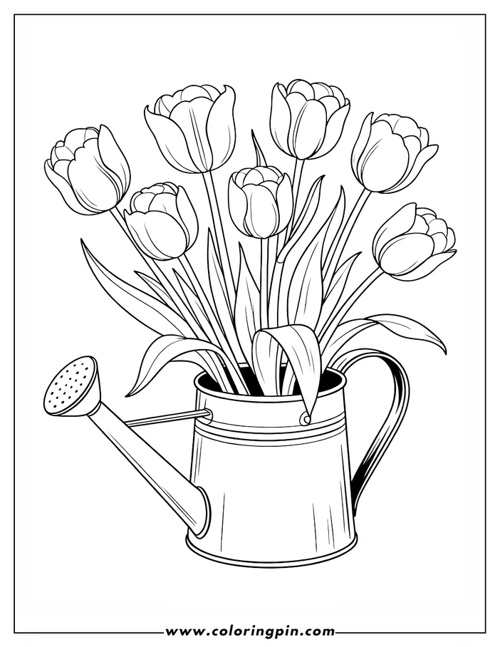 Tulip in watering can coloring page, a simple and cute flower coloring sheet for kids and adults, free and printable.
