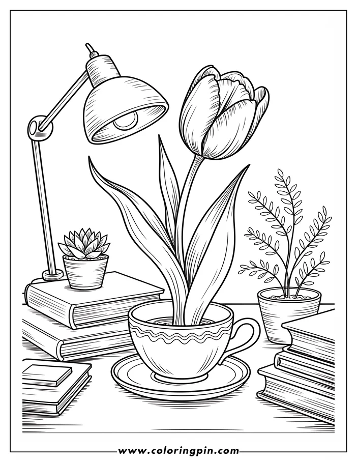 Detailed tulip in a teacup coloring page, a beautiful floral still life coloring sheet for all ages, free and printable.