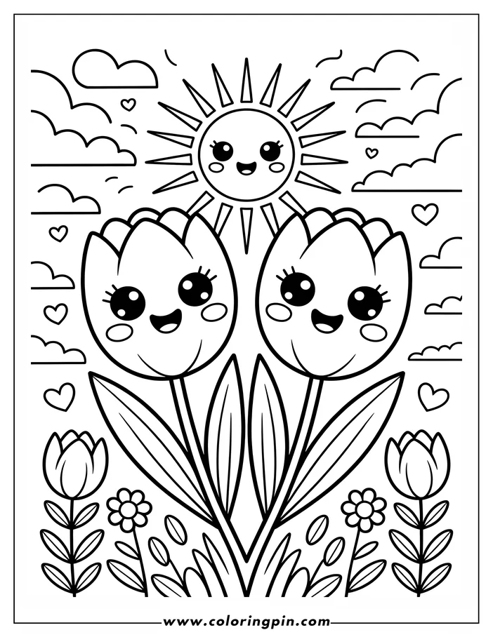 Cute kawaii tulips under a smiling sun coloring page, a cheerful and easy flower outline drawing for kids, free and printable.