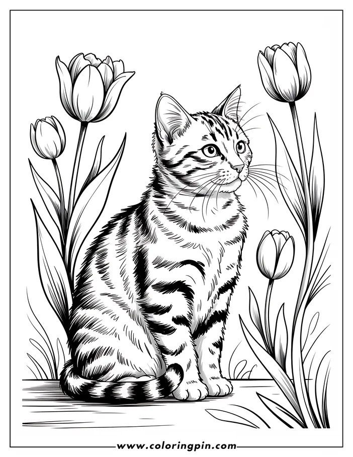 Tulip and cat coloring page, a cute cartoon flower and animal coloring sheet for kids and adults, free printable PDF.