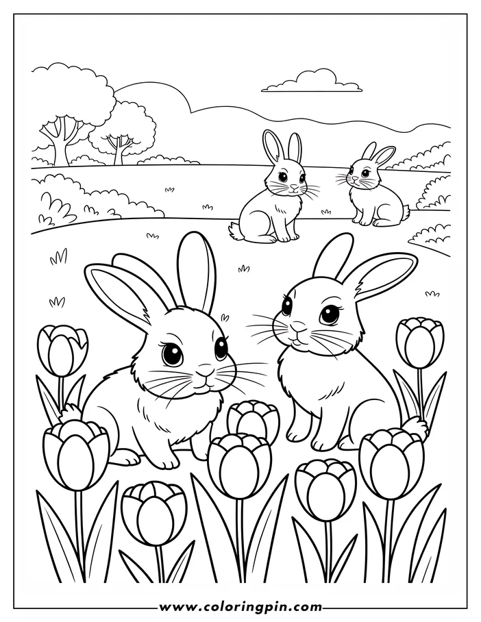 Cute rabbits and tulip coloring page, a simple and free printable coloring sheet for kids with a spring theme.