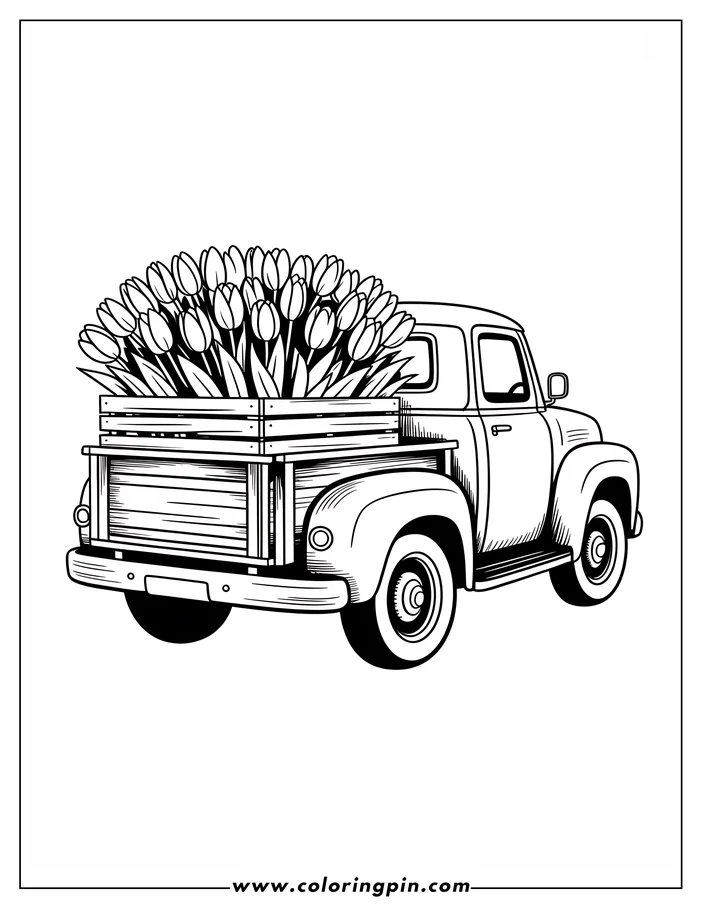 Vintage truck with tulips coloring page, a simple flower-themed outline drawing for all ages, free and printable.