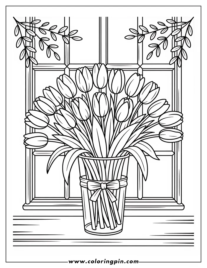 Tulip bouquet in a vase coloring page, a simple and elegant floral coloring sheet for kids and adults, free printable.