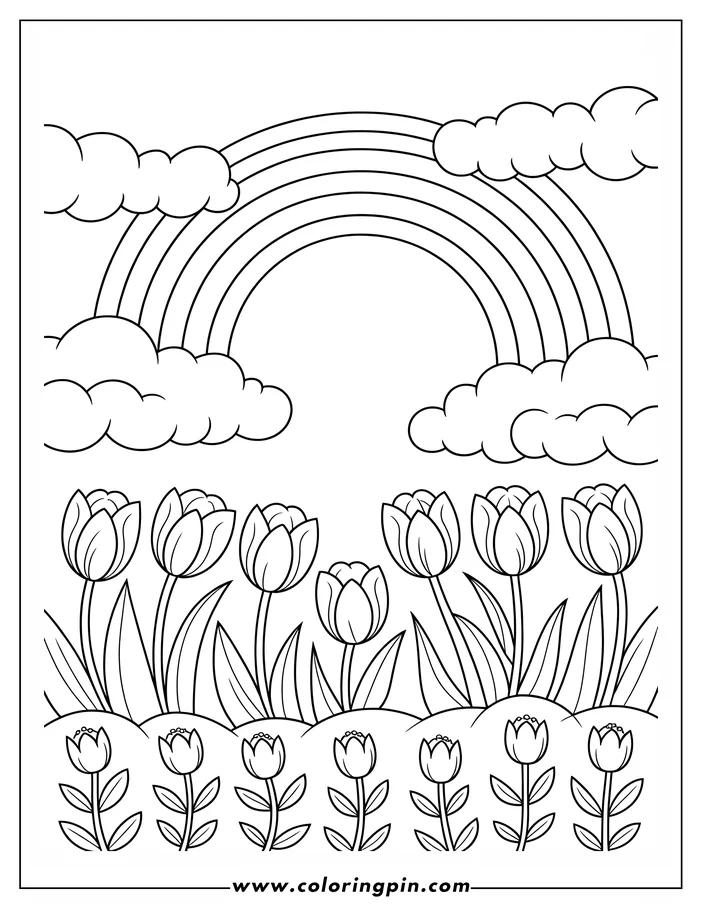 Tulip coloring page under a rainbow, a simple and cute flower coloring sheet printable for kids and adults.