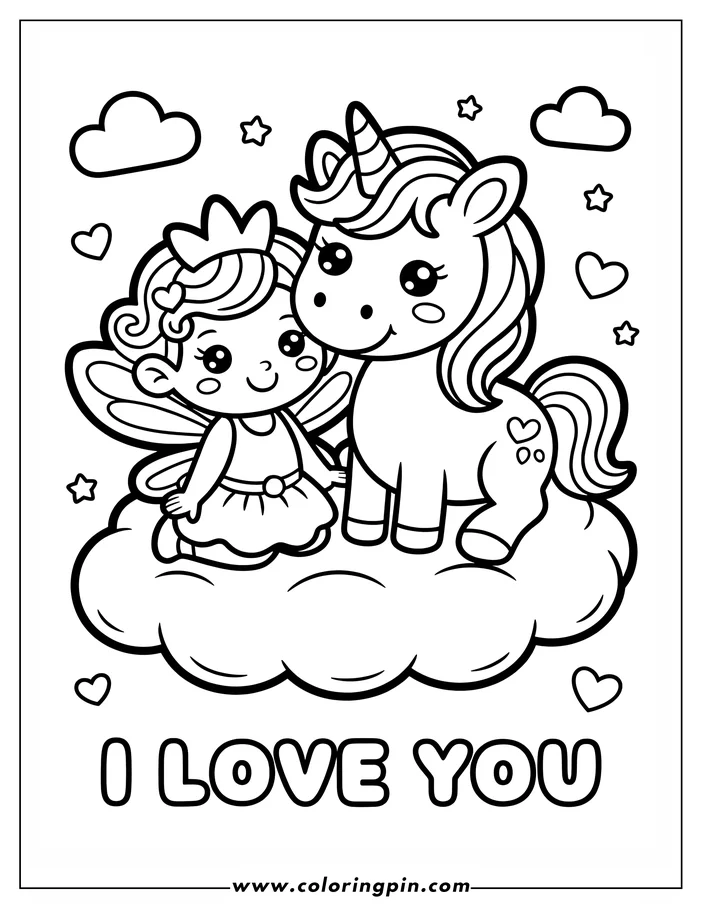 A cartoon unicorn and fairy stand together on a cloud in this coloring sheet design. The unicorn has a striped horn and hearts decorate its flank. The fairy wears a crown and has wings. Stars and hearts float around them, and the words 'I LOVE YOU' are written below. 