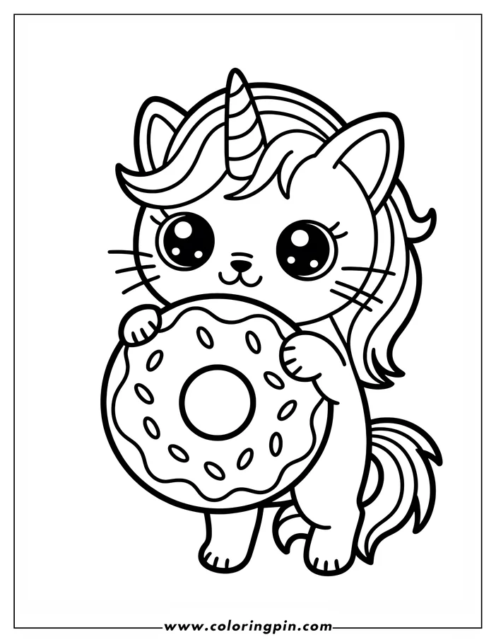 Simple, whimsical line art of a unicorn cat holding a large donut. The cat has large, expressive eyes, a flowing mane and tail, and a striped horn. This charming illustration is a coloring page design, ready to be colored.