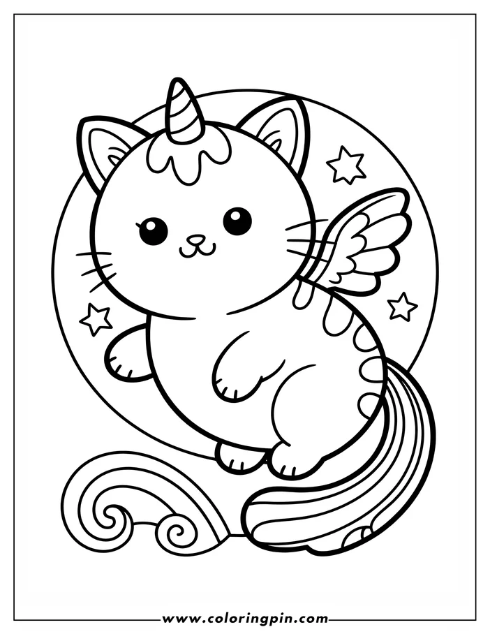 Line art of a kawaii unicorn cat with a striped horn, small wings, and a rainbow tail floating against a starry backdrop. Perfect for a whimsical coloring page.