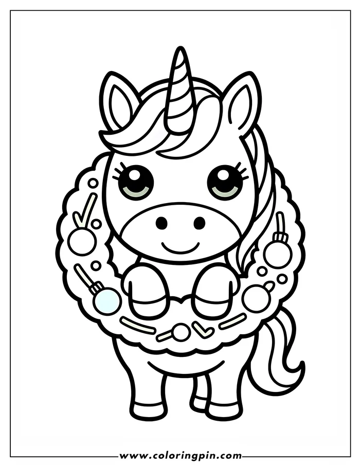 Line art of a kawaii unicorn standing inside a Christmas wreath decorated with ornaments and holly, ready for coloring.