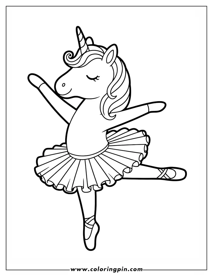 Line art of a unicorn dancing in a tutu and ballet shoes. The unicorn has a striped horn, a flowing mane, and its eyes are closed. It is depicted in a simple, cartoon style, ready for coloring.