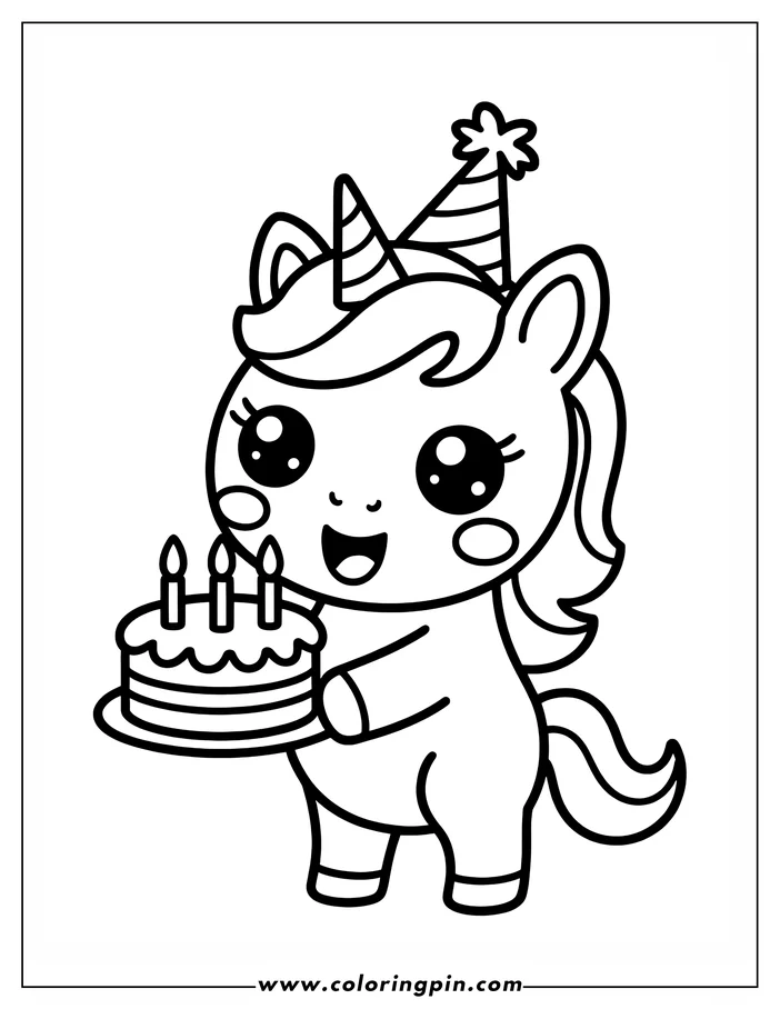 Simple, cute line art of a unicorn holding a birthday cake with three lit candles. The unicorn is wearing a party hat and has a happy expression, presented as a coloring page design.