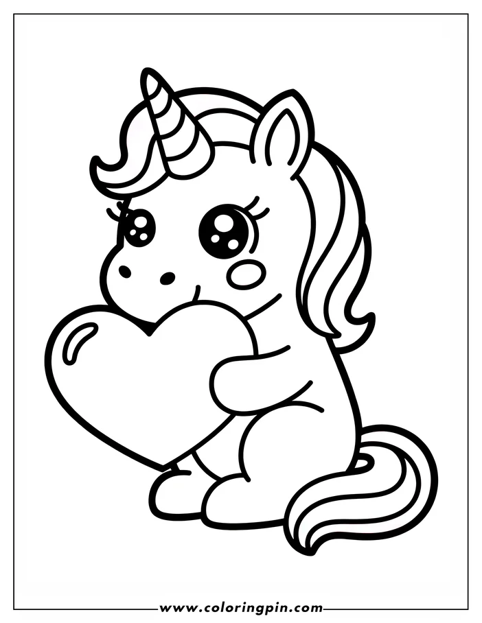 Simple, cute line art of a unicorn holding a large heart. The unicorn has a striped horn and a flowing mane. This is a coloring page design.
