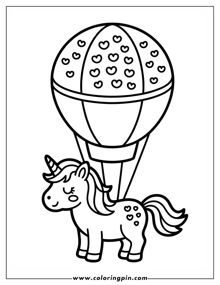 Simple, whimsical line art of a unicorn standing below a heart-decorated hot air balloon, designed as a coloring sheet.