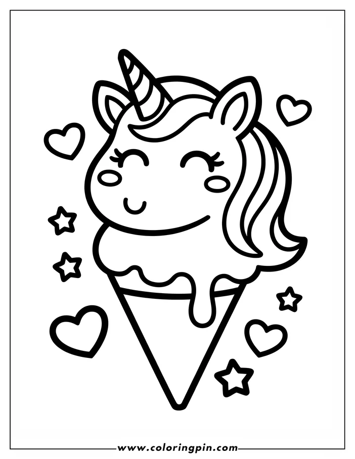 A simple, kawaii style line drawing of a unicorn as ice cream in a cone. The unicorn's head and mane form the scoop, and the cone is below. Hearts and stars decorate the space around the cone. This is a coloring sheet design.