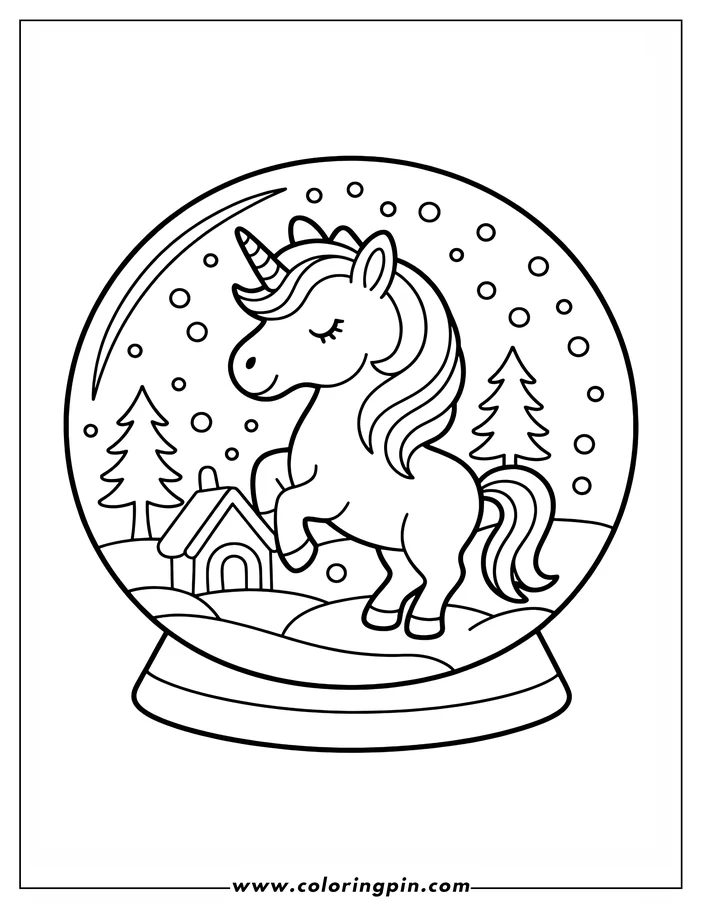 Line art of a unicorn inside a snow globe. The unicorn has a striped horn, a flowing mane, and closed eyes. Two small trees and a house are visible in the background, along with falling snow. This is a design for a coloring page.