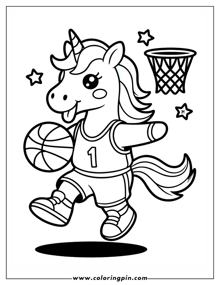 Line art of a unicorn dribbling a basketball, wearing a jersey with the number 1, near a basketball hoop with stars in the background. Ready for coloring.