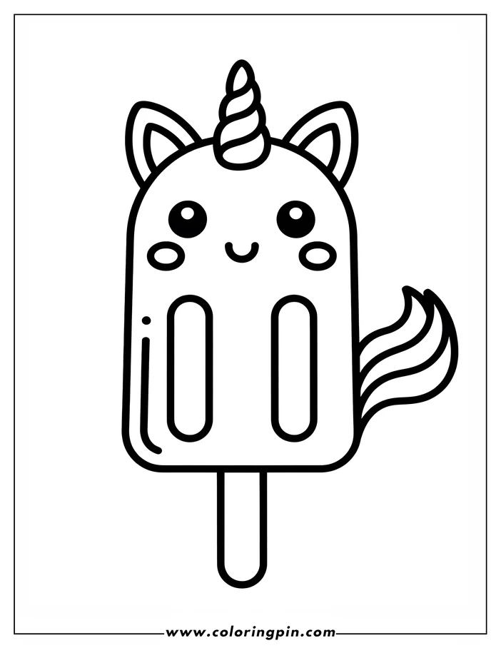 Simple, cute line art of a unicorn-shaped popsicle. The unicorn has a swirled horn, a flowing mane, and large, friendly eyes, ready for coloring.