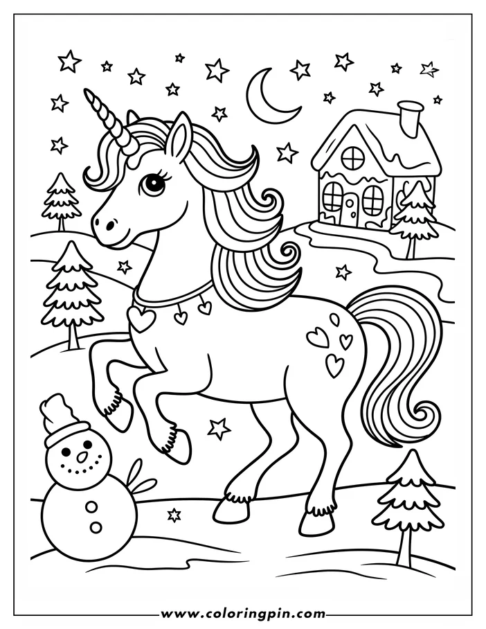 Line art of a unicorn in a winter wonderland scene. The unicorn has a long flowing mane and tail, and wears a necklace with heart charms. A snowman, a house with snow on the roof, evergreen trees, a crescent moon, and stars decorate the background. This image is designed as a coloring page.