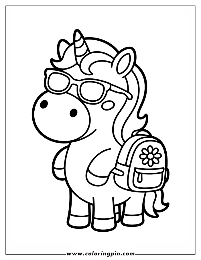 Simple drawing of a unicorn wearing sunglasses and carrying a backpack with a flower design, presented as a coloring sheet.