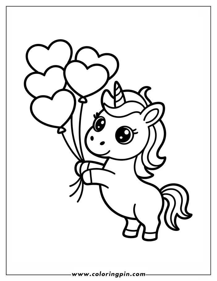Line art of a unicorn holding a bunch of heart-shaped balloons. This simple and cute design is perfect for a children's coloring page.