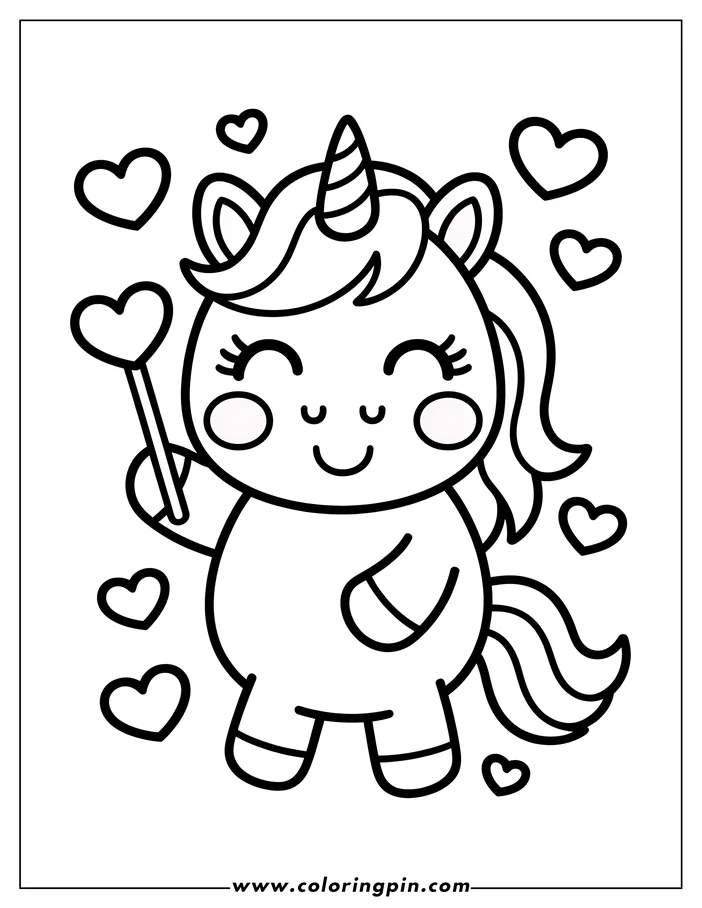 Simple, cute line art of a unicorn holding a heart wand, surrounded by floating hearts. This coloring sheet design is perfect for kids.