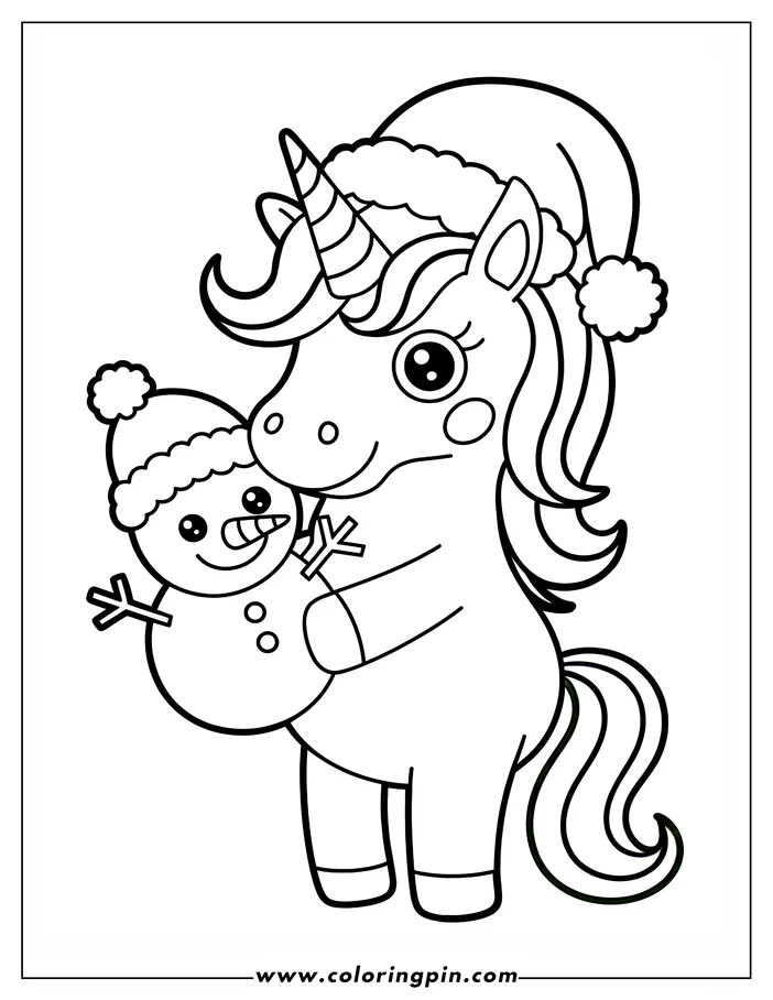Line art of a unicorn wearing a Santa hat and holding a snowman. The unicorn has a striped horn and a long, wavy mane. The snowman has a carrot nose, stick arms, and wears a winter hat.  This is a coloring sheet design.