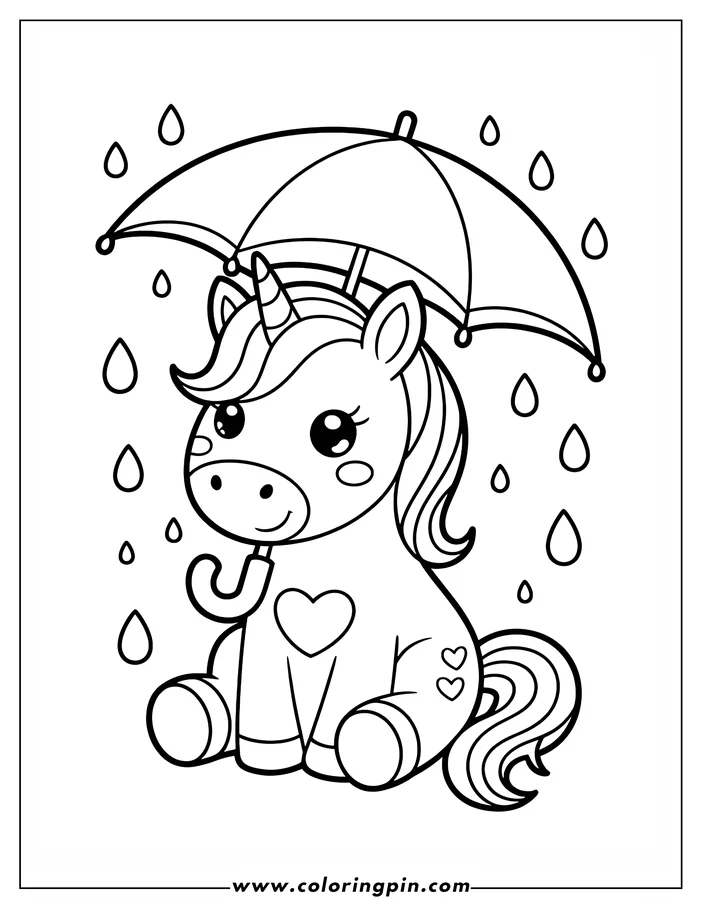 Line art of a unicorn sitting and holding an umbrella in the rain. The unicorn has a heart on its side and two hearts by its tail.  Raindrops fall around the unicorn, which is designed as a coloring sheet.