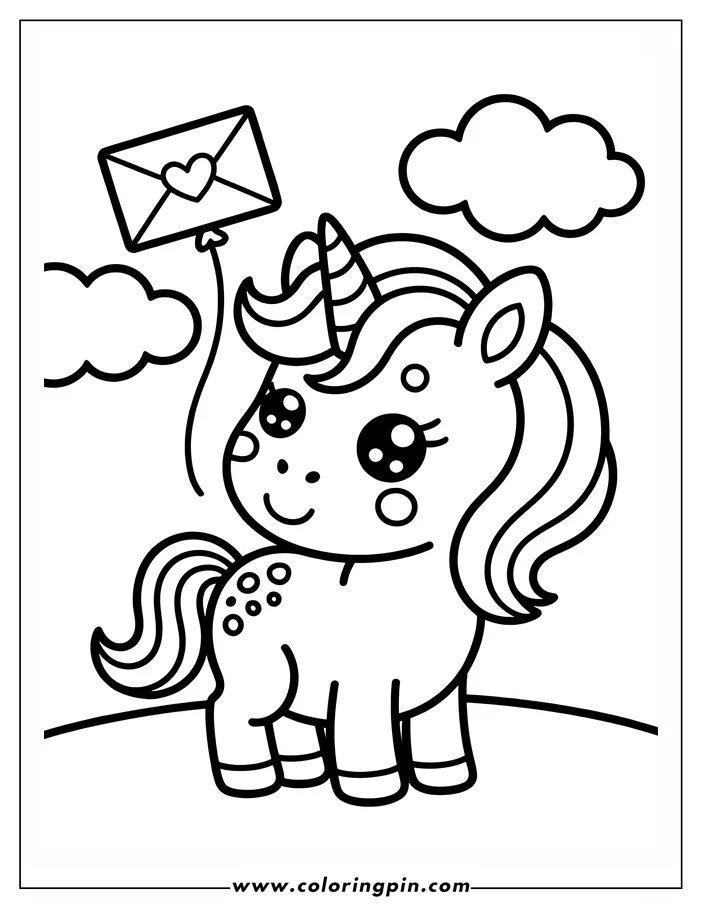 Simple, cute line art of a unicorn with a Valentine's Day letter floating above it, designed as a coloring sheet. The unicorn has large eyes and a striped horn, with clouds in the background.