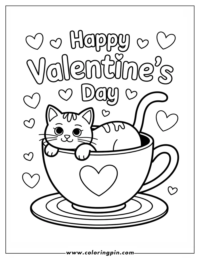 Simple, cute cartoon cat sitting in a teacup decorated with a heart. The text "Happy Valentine's Day" and floating hearts surround the design. This is a line art drawing for coloring.