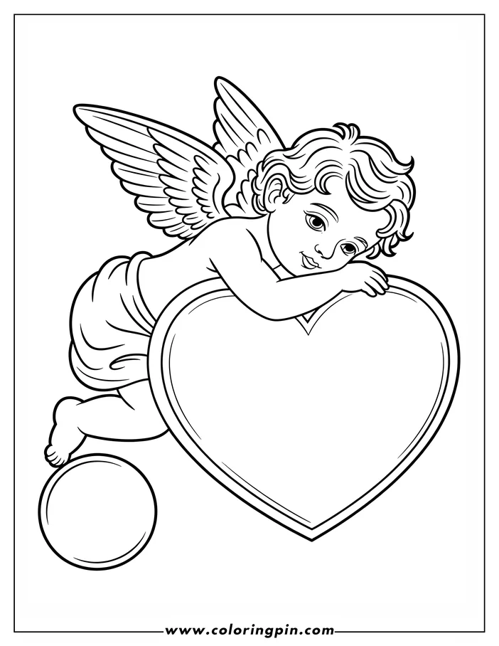 Line art of a cherub for Valentine's Day. The cherub has wings and rests on a large heart. This is a coloring page design.