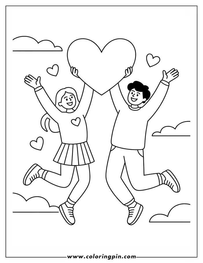 Line art of a Valentine's Day scene depicting a girl and boy jumping and holding a large heart above their heads.  They're surrounded by small floating hearts and fluffy clouds, creating a cheerful coloring sheet design.