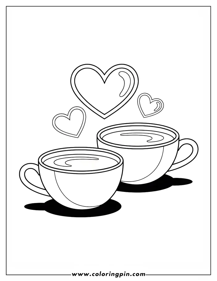 A coloring page design featuring two mugs filled with a warm beverage, with steam rising and three hearts floating above them, symbolizing Valentine's Day love.