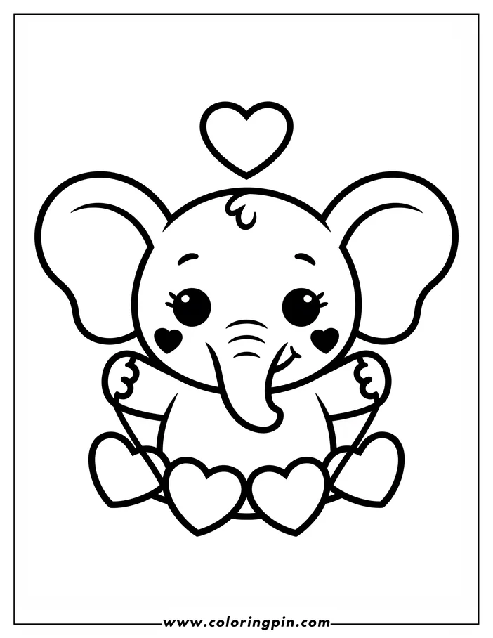 Line art of a cute elephant sitting on two hearts with another heart above its head.  Small hearts adorn the elephant's cheeks, completing the Valentine's Day coloring sheet design.
