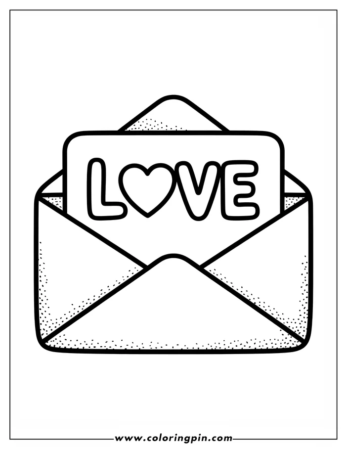 Line art of a Valentine's Day card inside an open envelope. The card says "LOVE," with a heart replacing the letter O.  The envelope has a dotted texture, designed as a coloring page.
