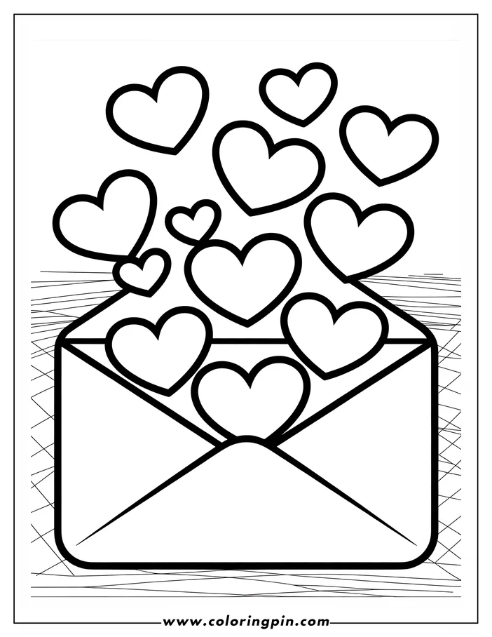 Line art of a Valentine's Day coloring page. An open envelope overflows with numerous hearts of varying sizes, as if they are floating upwards. The backdrop features a simple crosshatch pattern. Perfect for coloring and celebrating Valentine's Day!