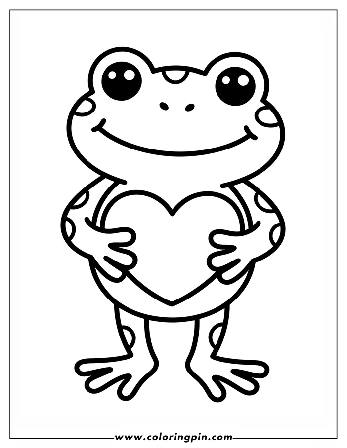 A simple, friendly cartoon frog stands holding a large heart in a Valentine's Day coloring sheet design. The frog has big, expressive eyes and spots on its body, creating a cute and charming scene.