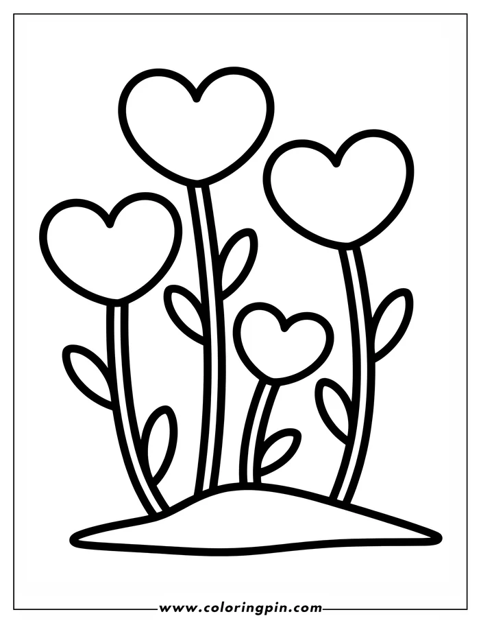 Simple line art drawing of three heart-shaped flowers growing from a patch of ground. This design is a coloring sheet perfect for Valentine's Day.