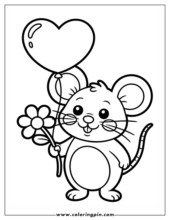 Line art of a mouse holding a heart-shaped balloon and a flower, a Valentine's Day coloring page design.