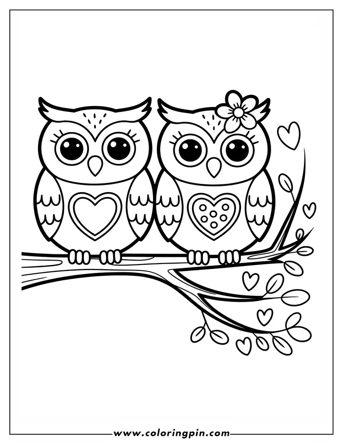 Valentine's Day coloring sheet design featuring two owls perched on a branch. One owl wears a flower, and both have hearts on their chests. Small hearts and leaves are scattered around the branch.