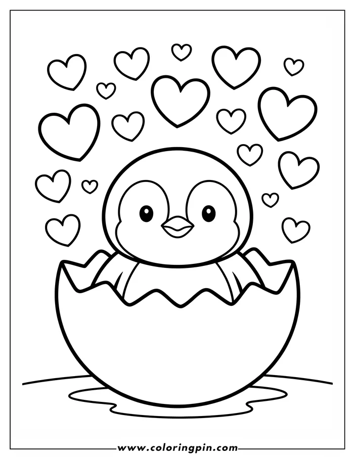 A simple, heartwarming line art illustration perfect for Valentine's Day coloring. It features a cute baby penguin sitting contentedly inside an egg, surrounded by several floating hearts.  The design is a coloring sheet outline, ready to be filled with color.
