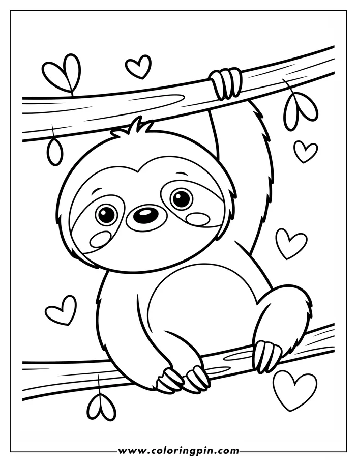 Line art of a sloth hanging upside down from a tree branch, surrounded by hearts in a Valentine's Day coloring sheet design.