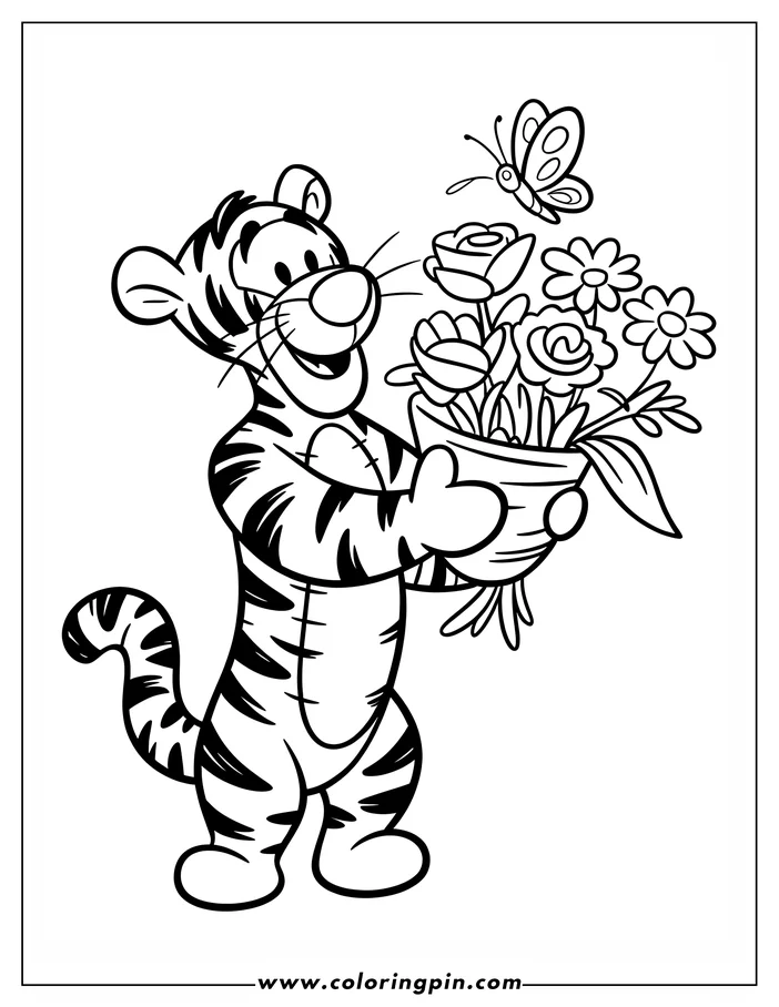 Line art of a tiger holding a basket of flowers, with a butterfly fluttering nearby, designed as a Valentine's Day coloring sheet.