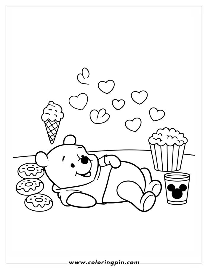 Line art illustration of Winnie the Pooh surrounded by Valentine's Day treats. Pooh lies on his stomach near an ice cream cone, donuts, popcorn, and a Mickey Mouse cup. Several hearts decorate the space above him, creating a Valentine's Day scene perfect for a coloring page.